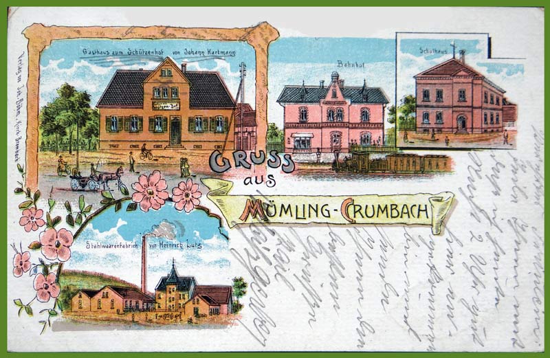 Postkarte um 1900 mit Bahnhof Mümling-Grumbach